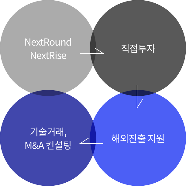 첫번째 NextRound&NextRise, 두번째 직접투자, 세번째 해외진출 지원, 네번째 기술거래, M&A 컨설팅